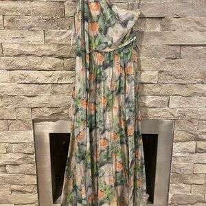 Mikael Aghal One-Shoulder Floral Dress in Green and Orange